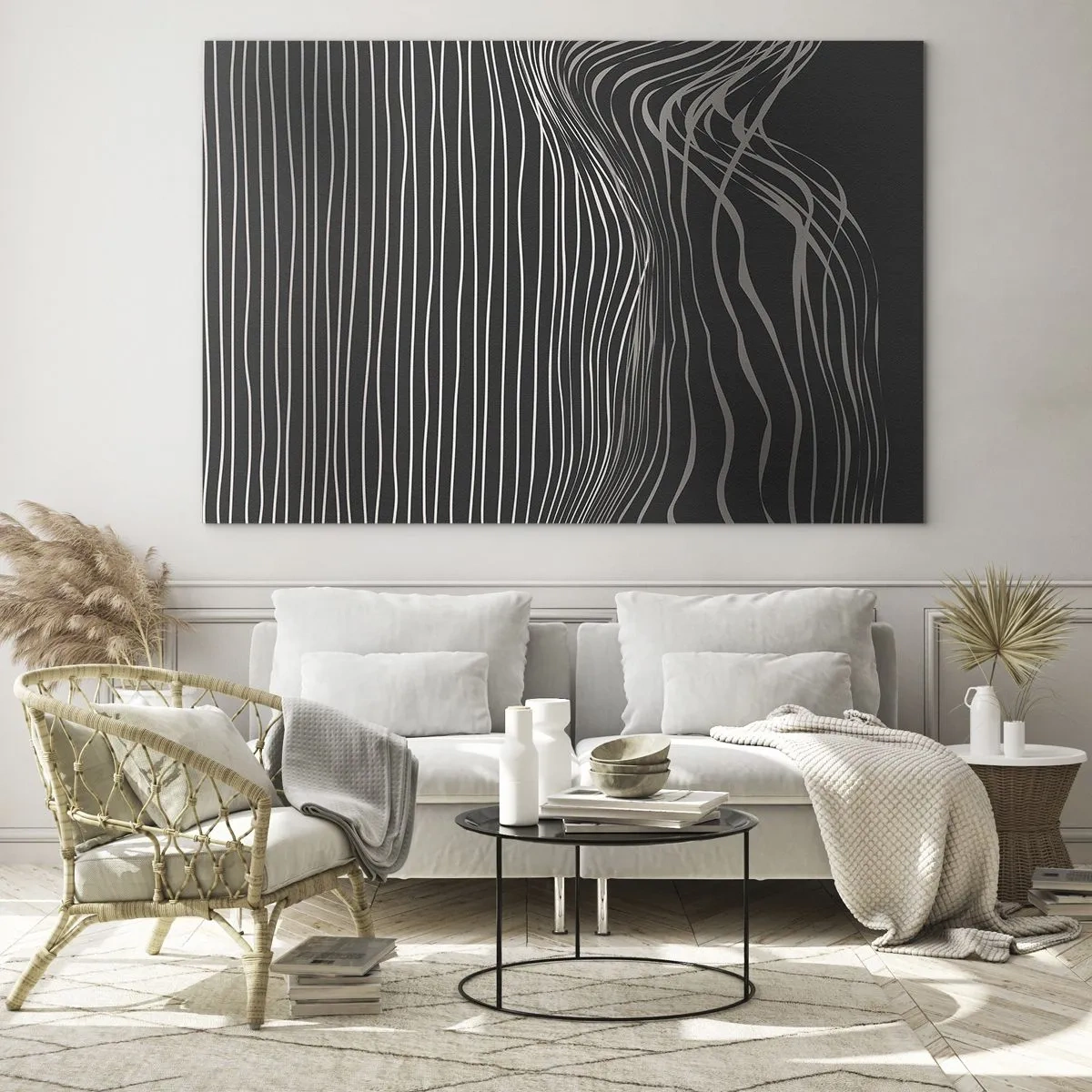 Quadro su vetro - Linee delicate in una disposizione astratta su uno sfondo scuro - 70x50cm - Ritmo e accento - Decorazione murale moderna per soggiorno e camera da letto ARTTOR