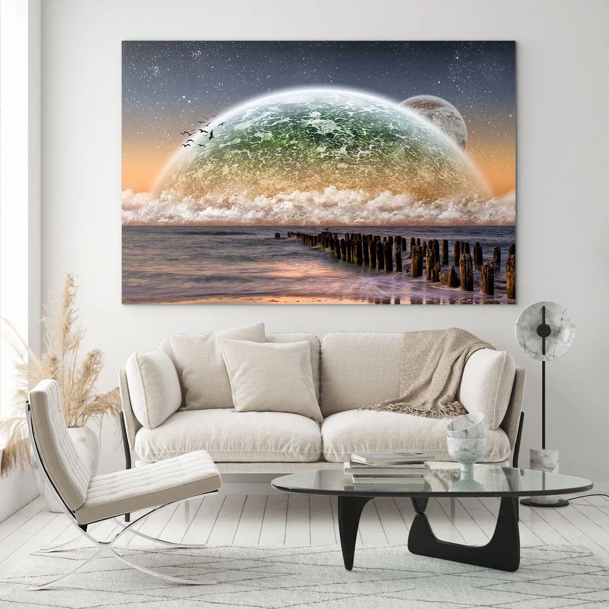 Quadro su vetro - Tramonto sul pianeta e sull'oceano - 100x70cm - E il mondo emerse dalle acque - Decorazione murale moderna per soggiorno e camera da letto ARTTOR