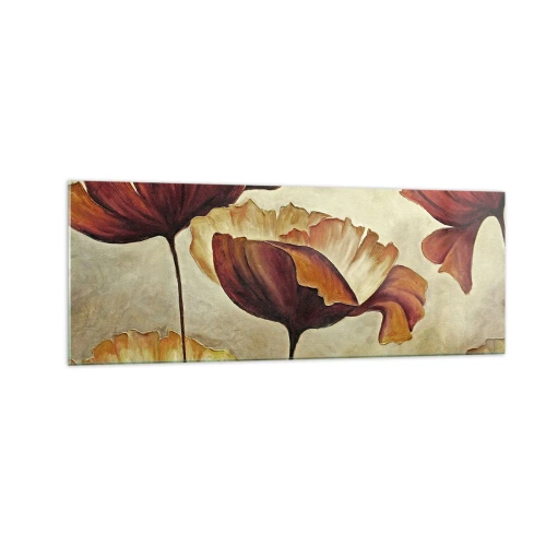 Quadro su vetro - Fiori delicati nei toni del rosso e dell'oro su uno sfondo chiaro - 140x50cm - Nei prati e nei campi - Decorazione murale moderna per soggiorno e camera da letto ARTTOR