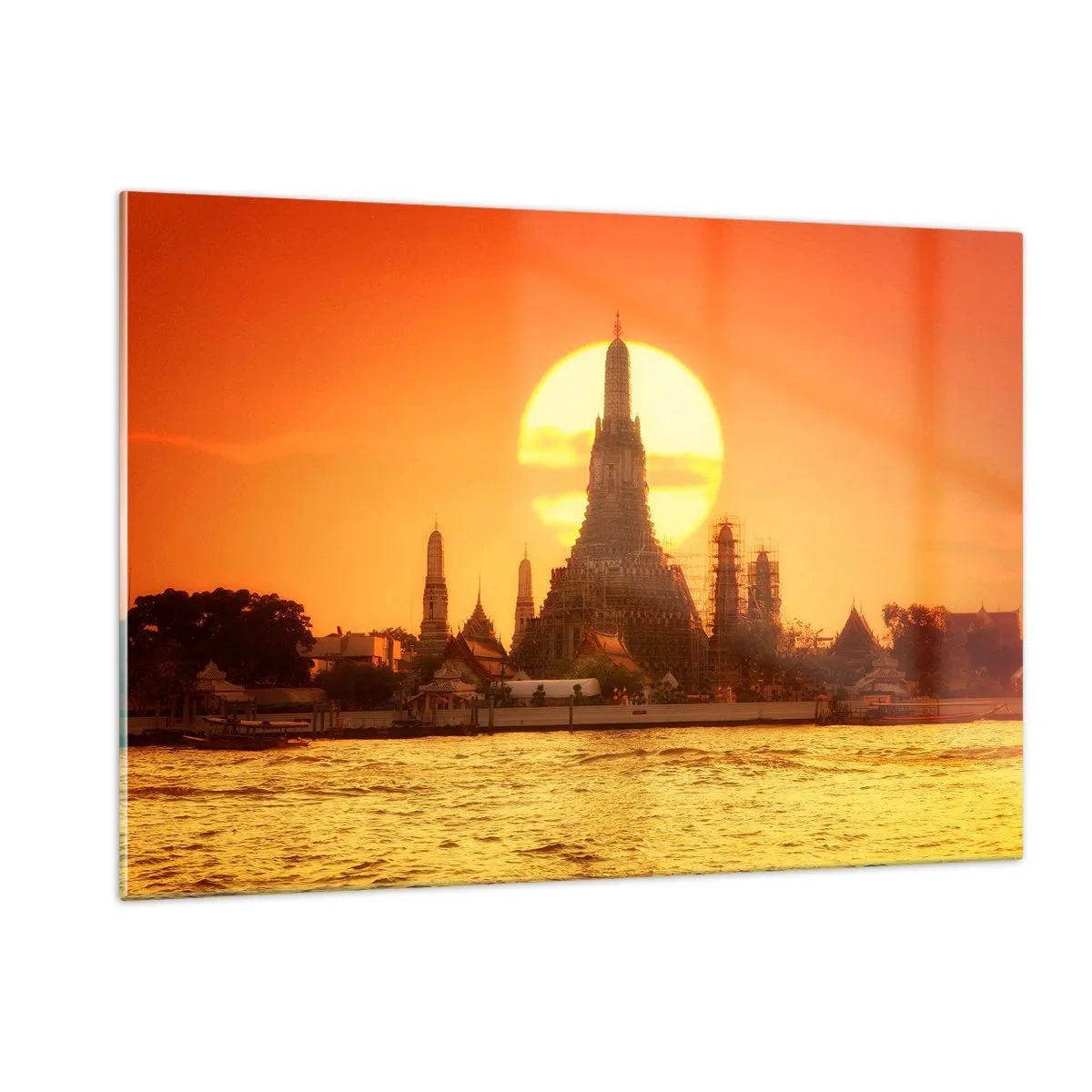 Quadro su vetro - Tempio al tramonto sul fiume - 120x80cm - Verso il sole, sempre verso il sole - Decorazione murale moderna per soggiorno e camera da letto ARTTOR