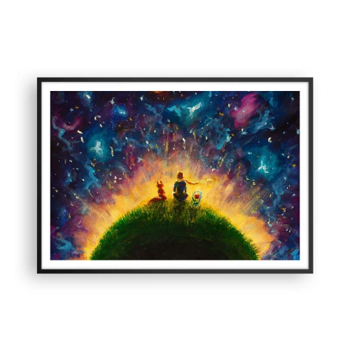 Poster in cornice nera - Figure su una collina verde circondata da un cielo stellato - 100x70cm - Amore e amicizia: l'intero mondo - Decorazione murale moderna per soggiorno e camera da letto ARTTOR