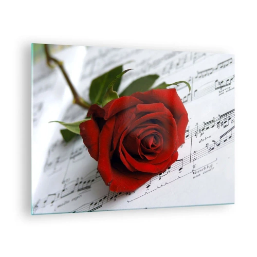 Quadro su vetro - Una rosa rossa su uno sfondo di note musicali - 70x50cm - La musica dei sentimenti in scarlatto - Decorazione murale moderna per soggiorno e camera da letto ARTTOR