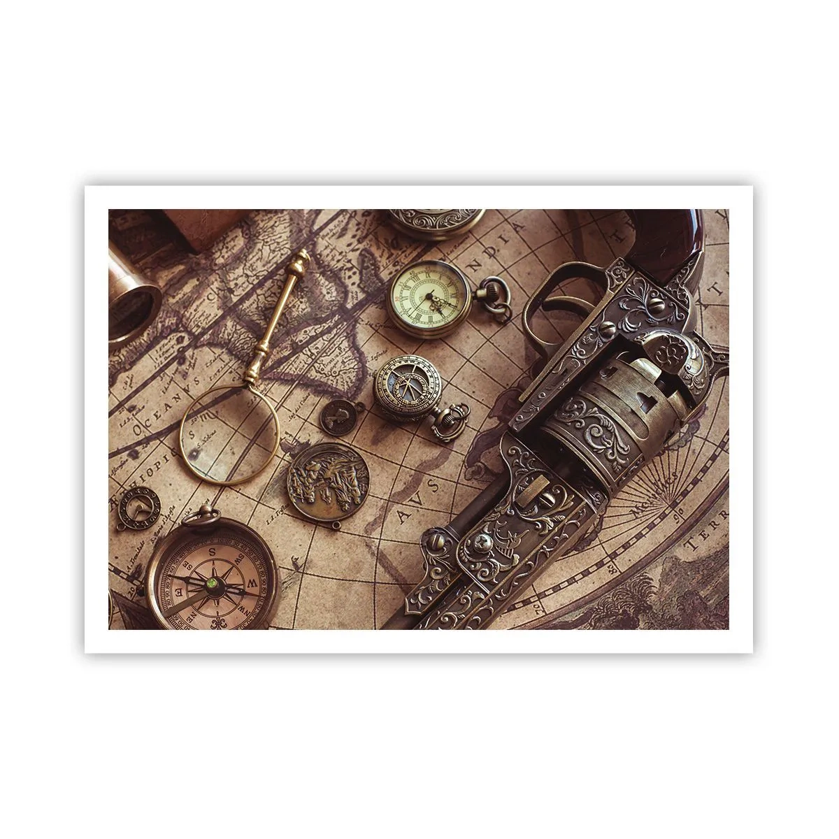 Poster - Oggetti antichi su una vecchia mappa in stile retrò - 100x70cm - La natura chiama - Decorazione murale moderna per soggiorno e camera da letto ARTTOR