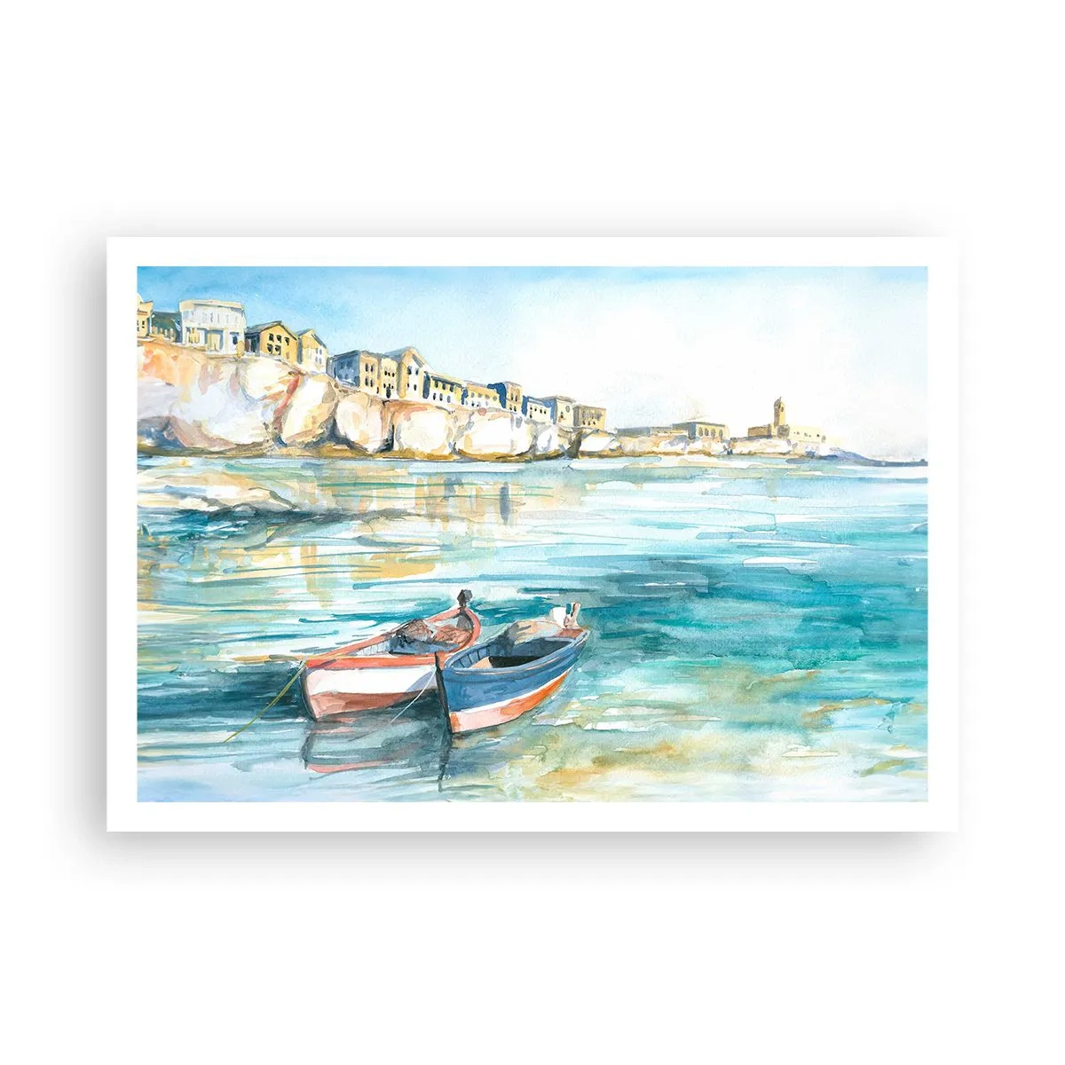 Poster - Un pittoresco paesaggio costiero con barche sull'acqua - 100x70cm - Paesaggio in azzurro - Decorazione murale moderna per soggiorno e camera da letto ARTTOR