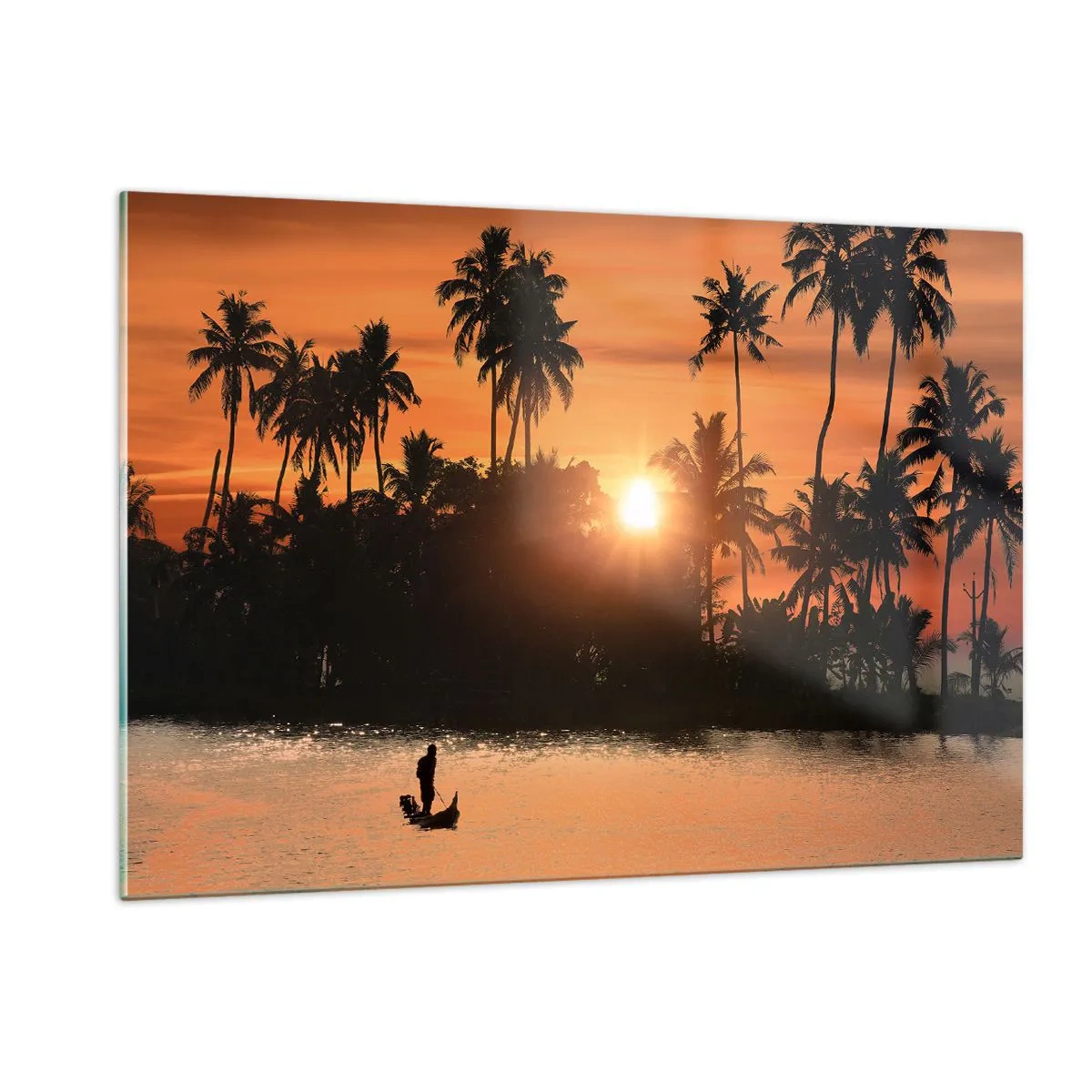 Quadro su vetro - Paesaggio tropicale con palme e tramonto sul fiume - 120x80cm - Il tempo del riposo - Decorazione murale moderna per soggiorno e camera da letto ARTTOR