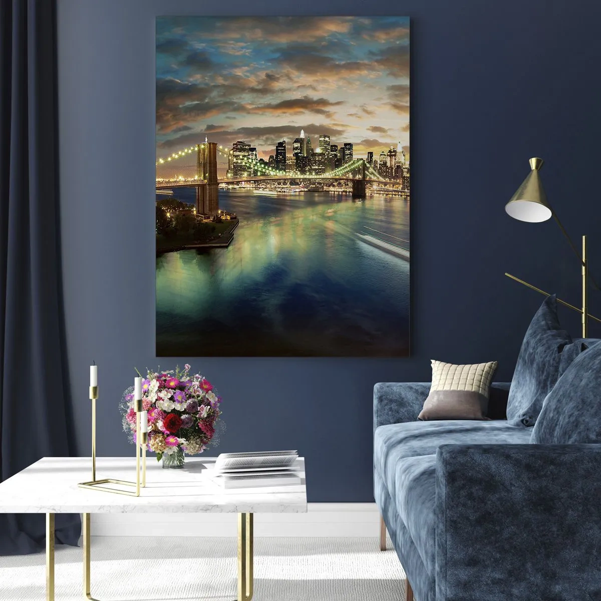 Quadro su vetro - Vista del ponte e della città al tramonto - 50x70cm - Il cielo luminoso sopra Manhattan - Decorazione murale moderna per soggiorno e camera da letto ARTTOR