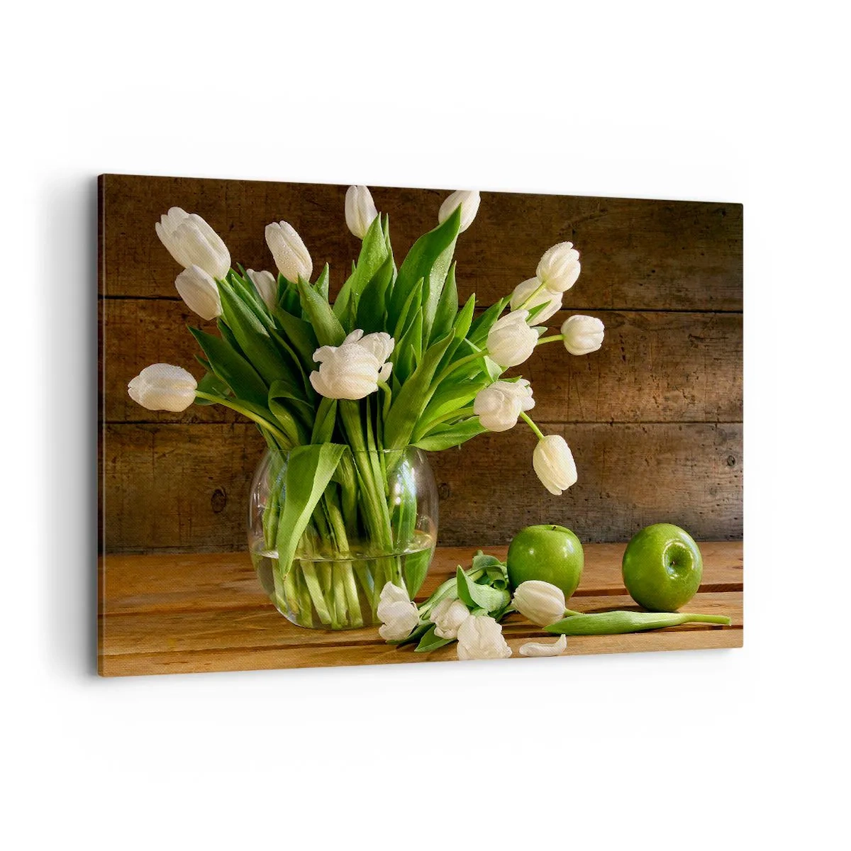 Quadro su tela - Stampe su Tela - Un bouquet di tulipani bianchi in un vaso di vetro con mele verdi - 120x80cm - Freschezza in verde e bianco - Decorazione murale moderna per soggiorno e camera da letto ARTTOR