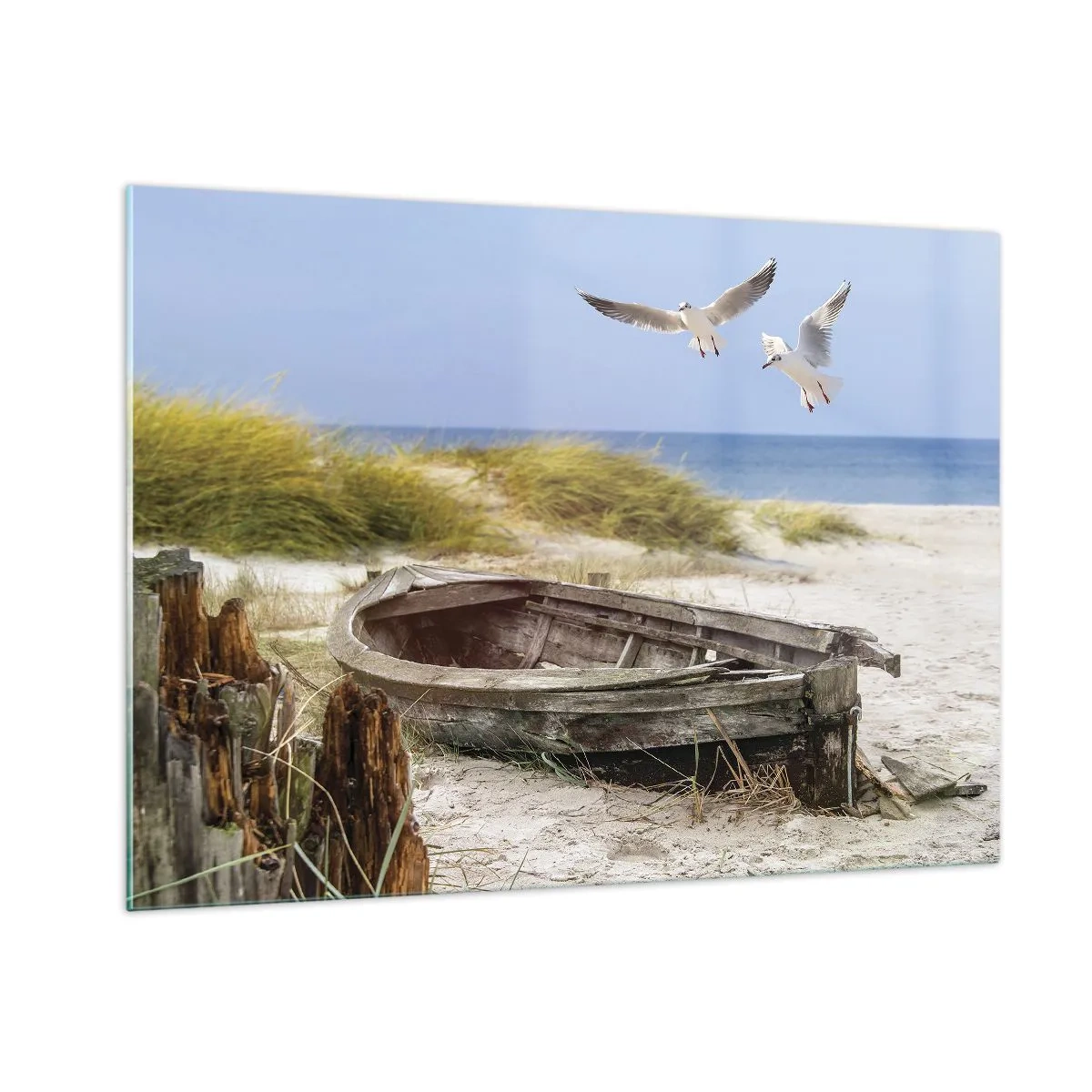 Quadro su vetro - Barca di legno sulla spiaggia con gabbiani in volo - 100x70cm - Bagnate dal vento - Decorazione murale moderna per soggiorno e camera da letto ARTTOR