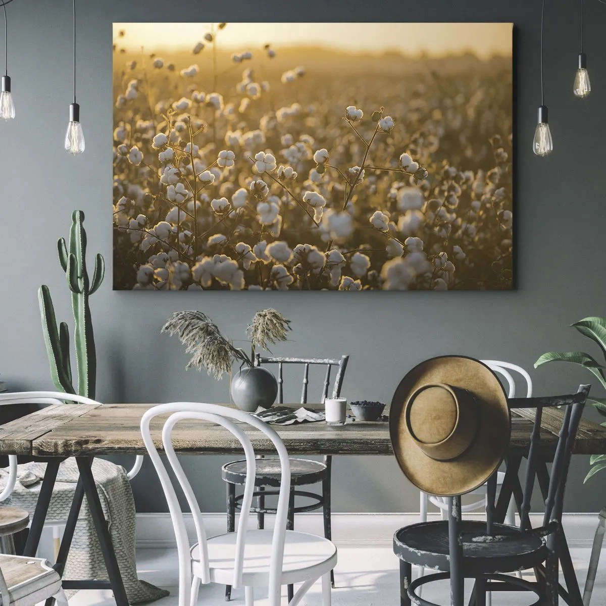 Quadro su tela - Stampe su Tela - Un campo di cotone nella calda luce del sole al tramonto - 120x80cm - Campo di morbidezza - Decorazione murale moderna per soggiorno e camera da letto ARTTOR
