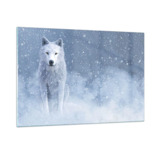 Quadro su vetro - Un lupo bianco in una tempesta di neve che guarda dritto davanti a sé - 120x80cm - Nello spirito dell'inverno - Decorazione murale moderna per soggiorno e camera da letto ARTTOR