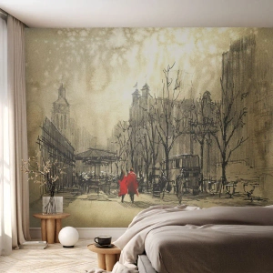 Fotomurali Standard Eco - Schizzo della città con figure in cappotti rossi - 100x70cm - Appuntamento nella nebbia di Londra  - Decorazione murale moderna per soggiorno e camera da letto ARTTOR