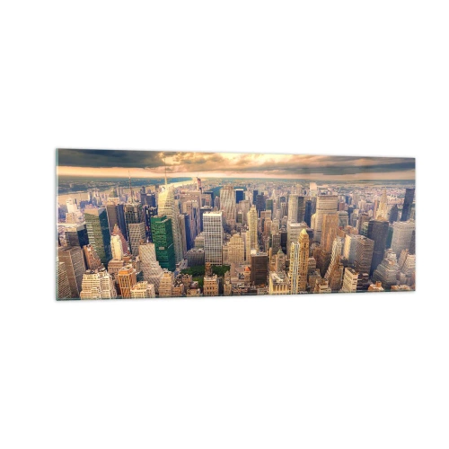 Quadro su vetro - Panorama della città con vista sui grattacieli al tramonto - 140x50cm - Metropolis dorata - Decorazione murale moderna per soggiorno e camera da letto ARTTOR