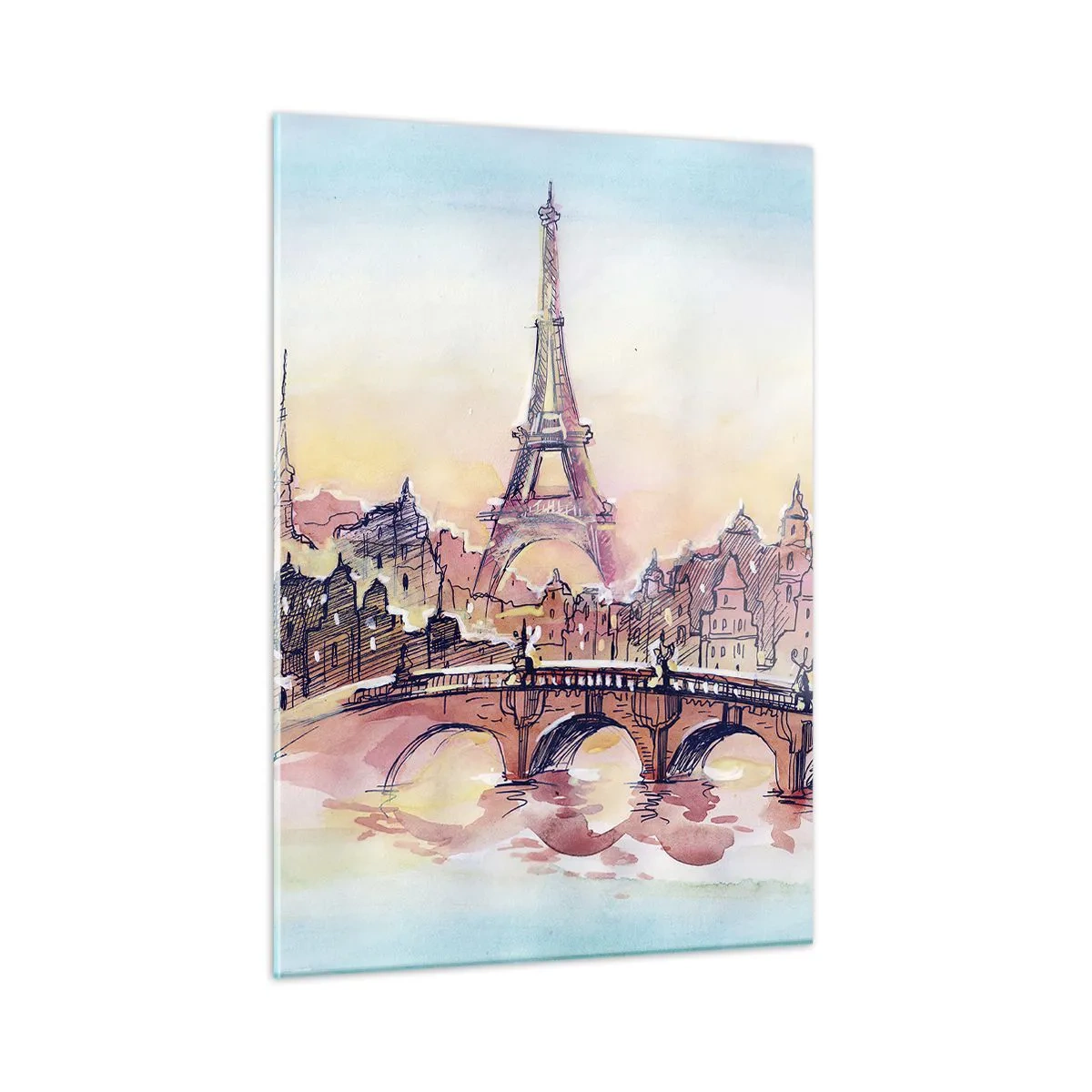 Quadro su vetro - Un panorama di Parigi con la Torre Eiffel in un delicato stile acquerello - 50x70cm - L'unica città così al mondo - Decorazione murale moderna per soggiorno e camera da letto ARTTOR