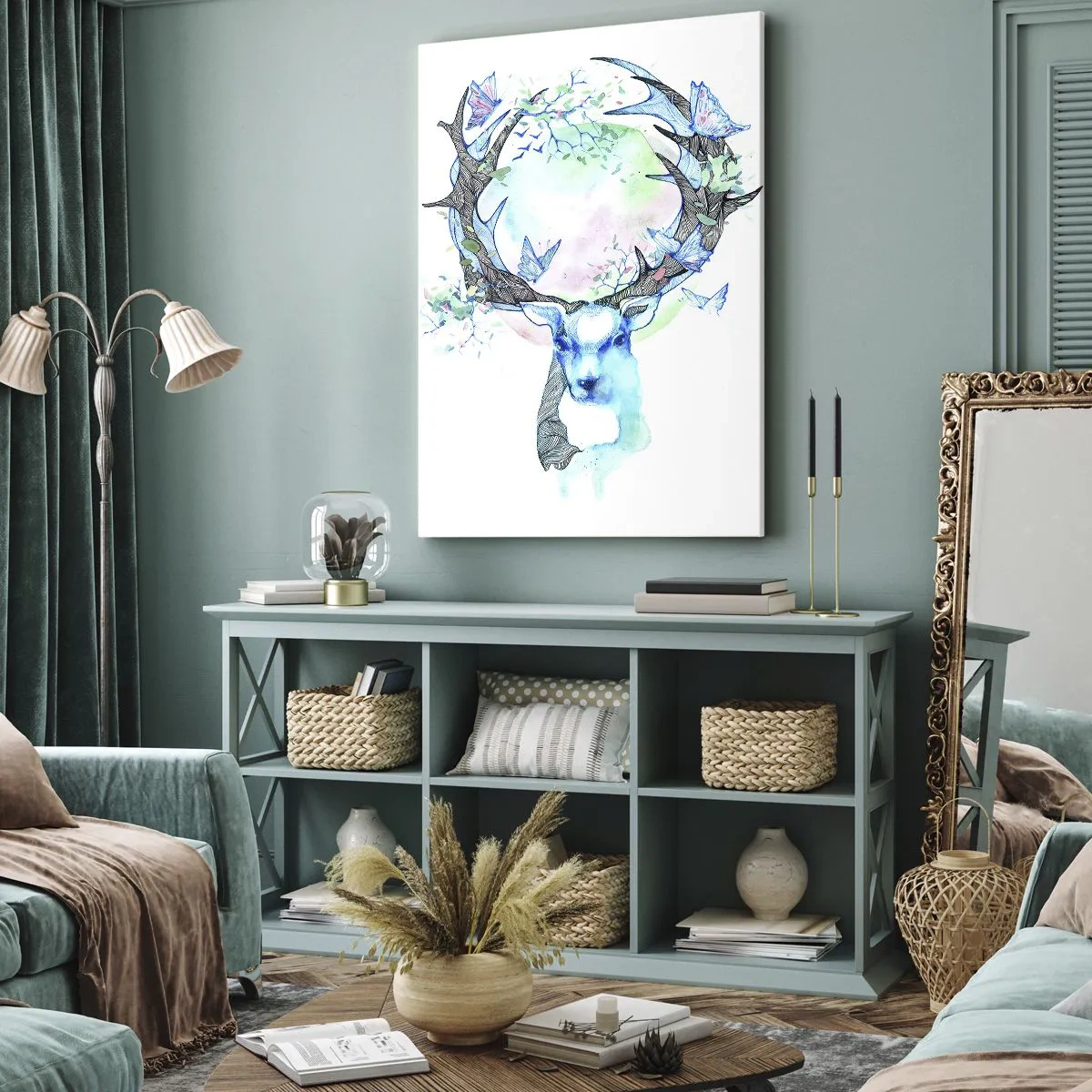 Quadro su tela - Stampe su Tela - Una grafica stravagante di un cervo con un motivo naturale e a farfalla - 50x70cm - La forza e la delicatezza della natura - Decorazione murale moderna per soggiorno e camera da letto ARTTOR