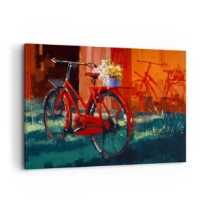 Quadro su tela - Stampe su Tela - Una bicicletta rossa con fiori contro un muro arancione - 100x70cm - I want to ride my bicycle - Decorazione murale moderna per soggiorno e camera da letto ARTTOR