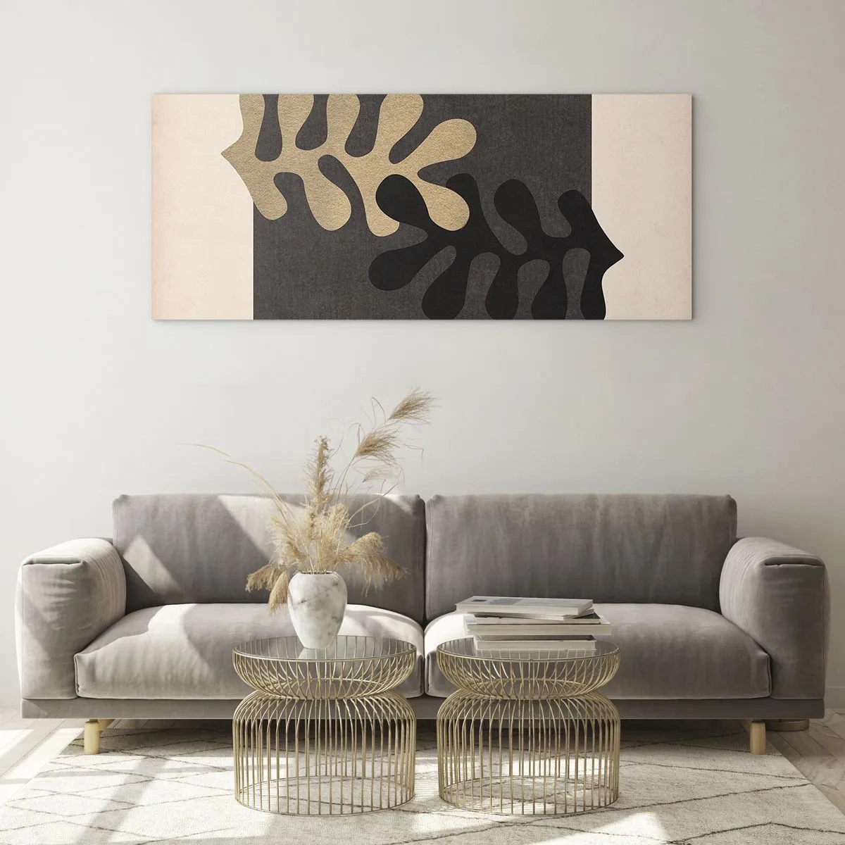 Quadro su vetro - Foglie astratte in nero e beige su uno sfondo rettangolare - 120x50cm - Assenza e completamento - Decorazione murale moderna per soggiorno e camera da letto ARTTOR