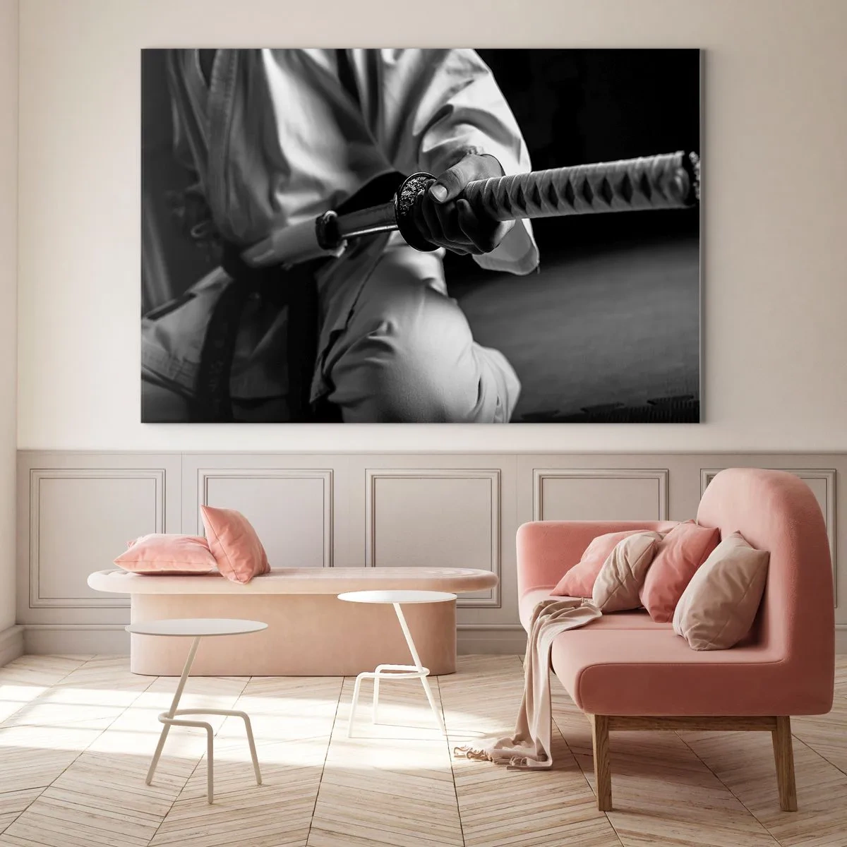 Quadro su vetro - Una figura in kimono che impugna una spada, composizione in bianco e nero - 70x50cm - L'anima del guerriero - Decorazione murale moderna per soggiorno e camera da letto ARTTOR