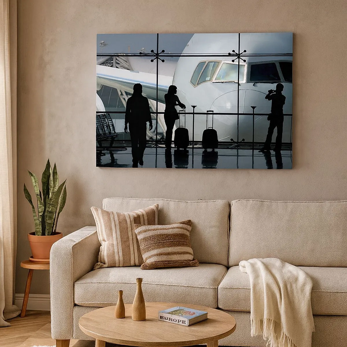 Quadro su tela - Stampe su Tela - Aeroporto con sagome di persone e vista dell'aereo - 70x50cm - Faccia a faccia in aeroporto - Decorazione murale moderna per soggiorno e camera da letto ARTTOR