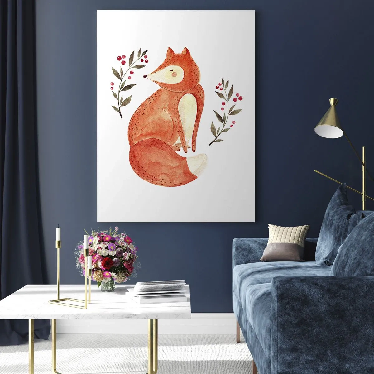 Quadro su vetro - Adorabile volpe acquerellata con ramoscelli e bacche - 50x70cm - Piccola rossa - Decorazione murale moderna per soggiorno e camera da letto ARTTOR