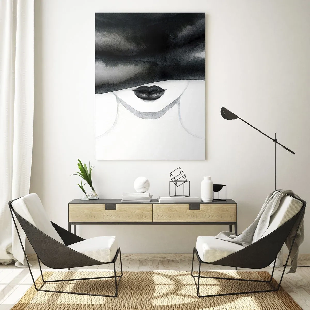 Quadro su vetro - Volto misterioso con occhi coperti in acquerello bianco e nero - 50x70cm - Il segreto dei sensi - Decorazione murale moderna per soggiorno e camera da letto ARTTOR
