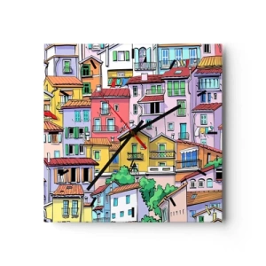 Orologio da parete - Orologio in Vetro - Case popolari colorate in uno stile vivace e allegro - 30x30cm - Città allegra - Decorazione murale moderna per soggiorno e camera da letto ARTTOR