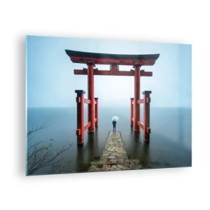 Quadro su vetro - Un torii rosso su acque calme in un ambiente nebbioso - 70x50cm - Meditazione giapponese - Decorazione murale moderna per soggiorno e camera da letto ARTTOR