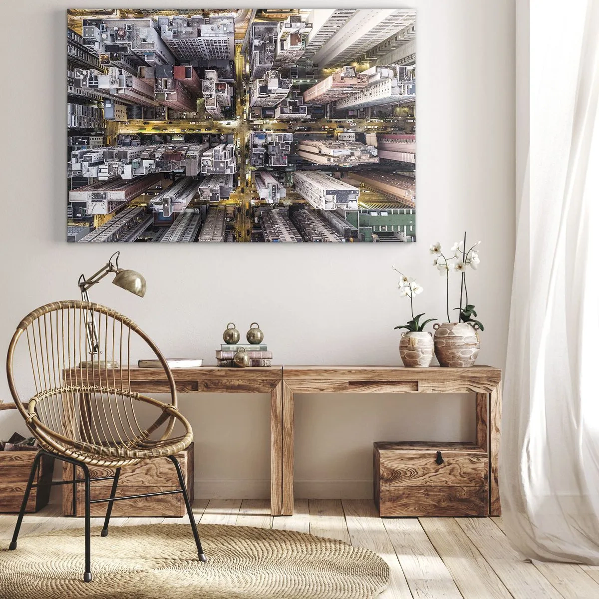 Quadro su tela - Stampe su Tela - Una vista a volo d'uccello di una città piena di grattacieli - 70x50cm - Saluti da Hong Kong - Decorazione murale moderna per soggiorno e camera da letto ARTTOR