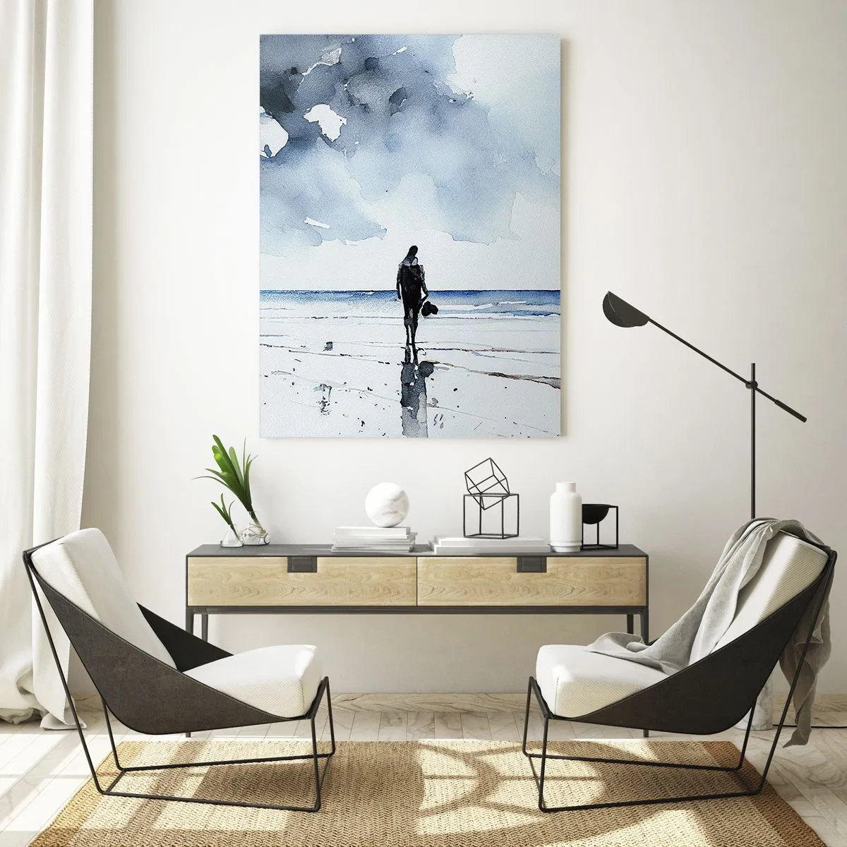 Quadro su vetro - Silhouette di una persona in riva al mare in delicato acquerello - 50x70cm - Dialogo con il mare - Decorazione murale moderna per soggiorno e camera da letto ARTTOR