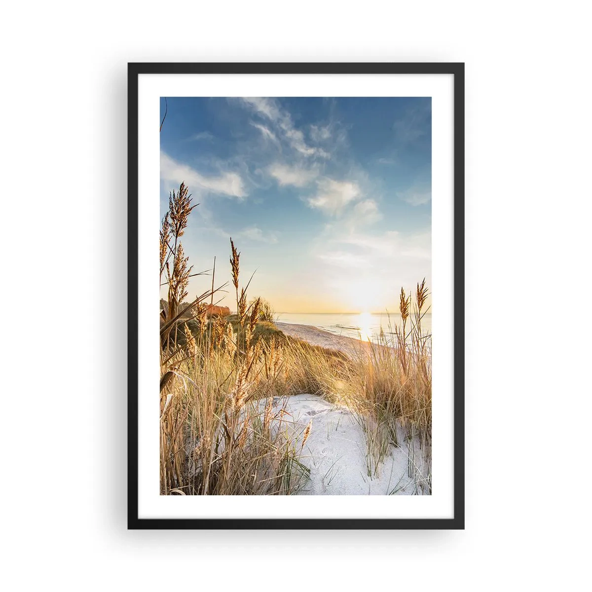 Poster in cornice nera - Paesaggio di spiaggia soleggiata con erba sulle dune - 50x70cm - Spiaggia del nord - Decorazione murale moderna per soggiorno e camera da letto ARTTOR