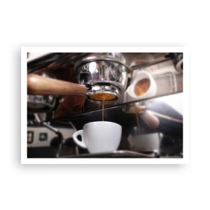Poster - Primo piano di una macchina da caffè che prepara un espresso fresco - 100x70cm - Il miglior momento della giornata - Decorazione murale moderna per soggiorno e camera da letto ARTTOR