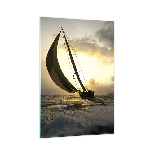Quadro su vetro - Barche a vela in mare al tramonto - 70x100cm - Con il vento e controvento - Decorazione murale moderna per soggiorno e camera da letto ARTTOR