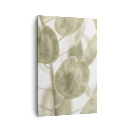 Quadro su tela - Stampe su Tela - Un delicato dipinto di foglie in tonalità pastello di verde su uno sfondo chiaro. - 80x120cm - All'inizio vi erano le foglie... - Decorazione murale moderna per soggiorno e camera da letto ARTTOR