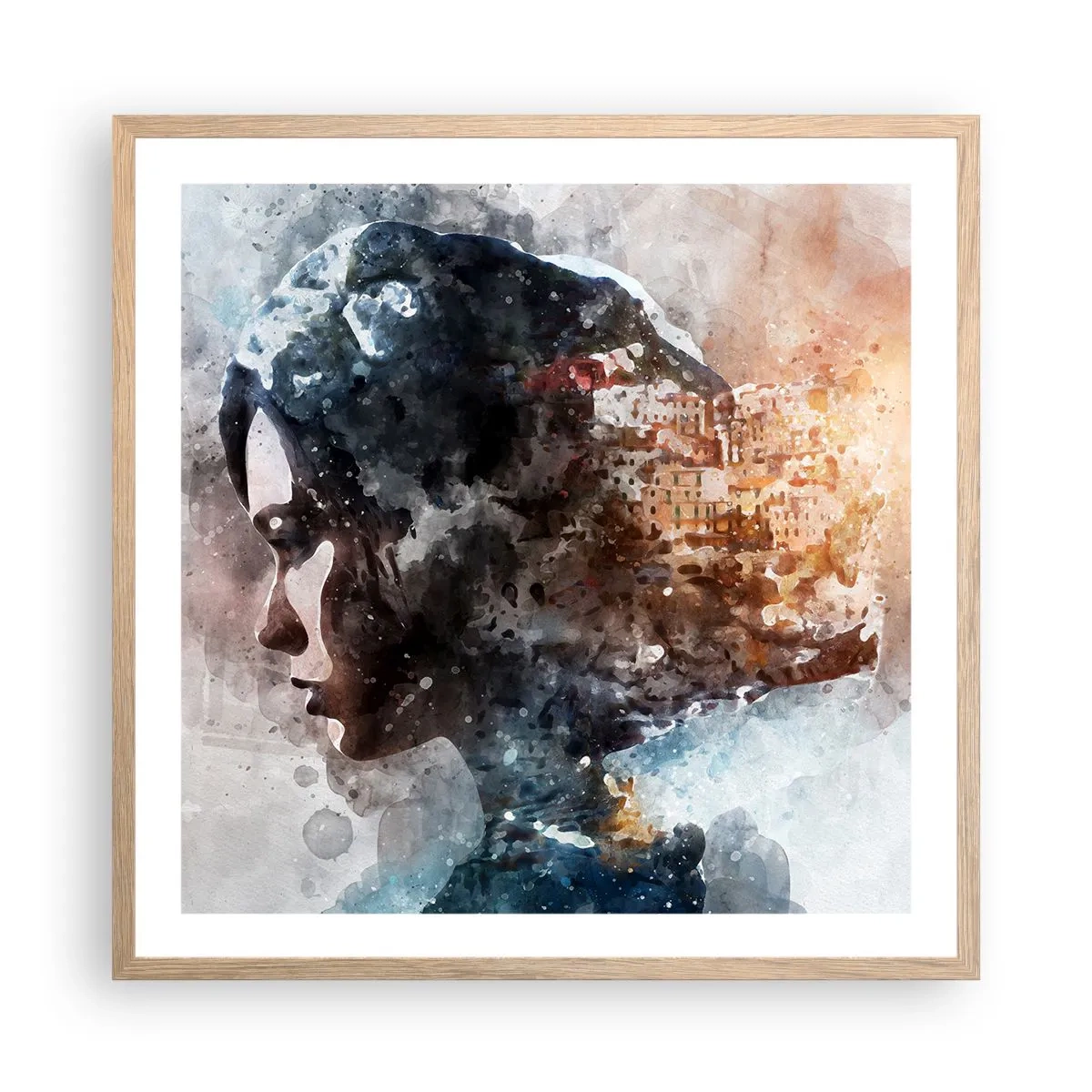 Poster in cornice rovere chiaro - Racconto su una ragazza con città sullo sfondo - 60x60 cm