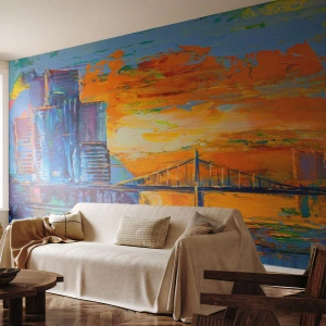 Fotomurali Premium Sand - Panorama urbano astratto dai colori intensi - 100x70cm - Cultura e natura - Decorazione murale moderna per soggiorno e camera da letto ARTTOR