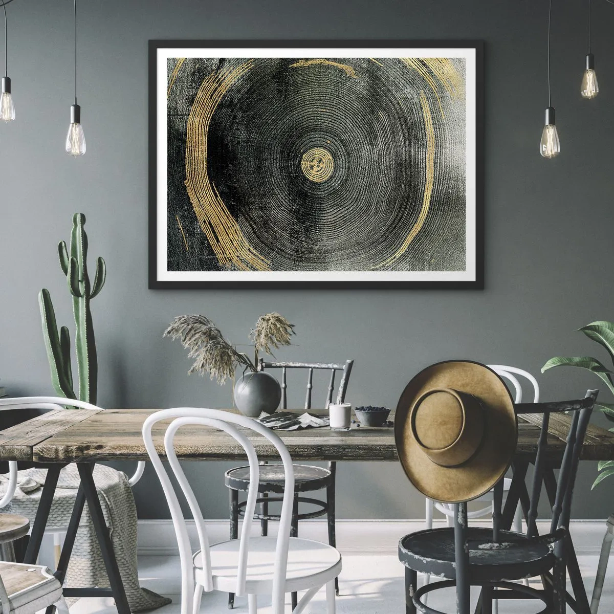 Poster in cornice nera - Cerchi concentrici con accenti dorati - 70x50cm - Cambiamento e persistenza - Decorazione murale moderna per soggiorno e camera da letto ARTTOR