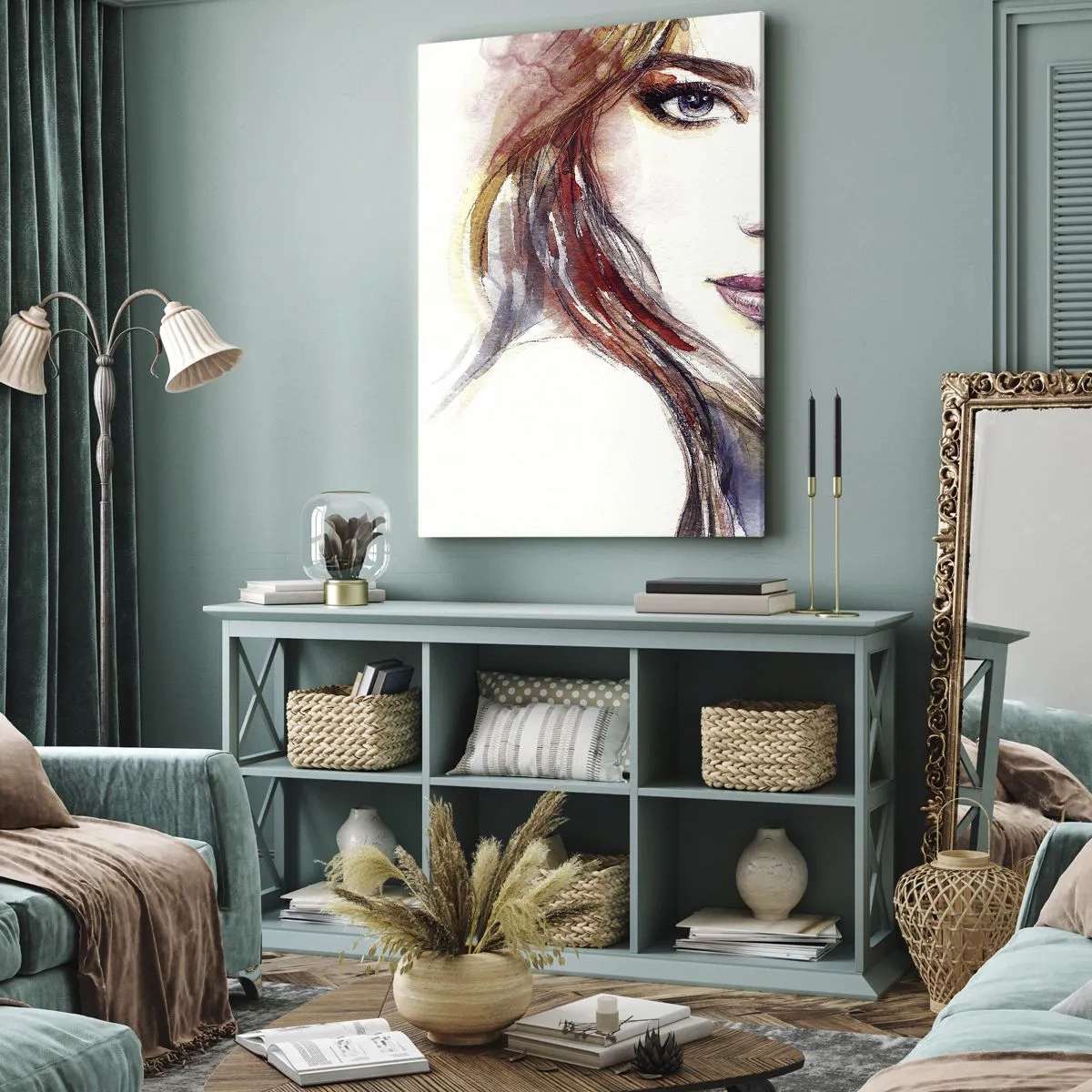 Quadro su tela - Stampe su Tela - Un delicato acquerello raffigurante il volto di una donna dallo sguardo espressivo. - 50x70cm - Vademecum: seguimi - Decorazione murale moderna per soggiorno e camera da letto ARTTOR