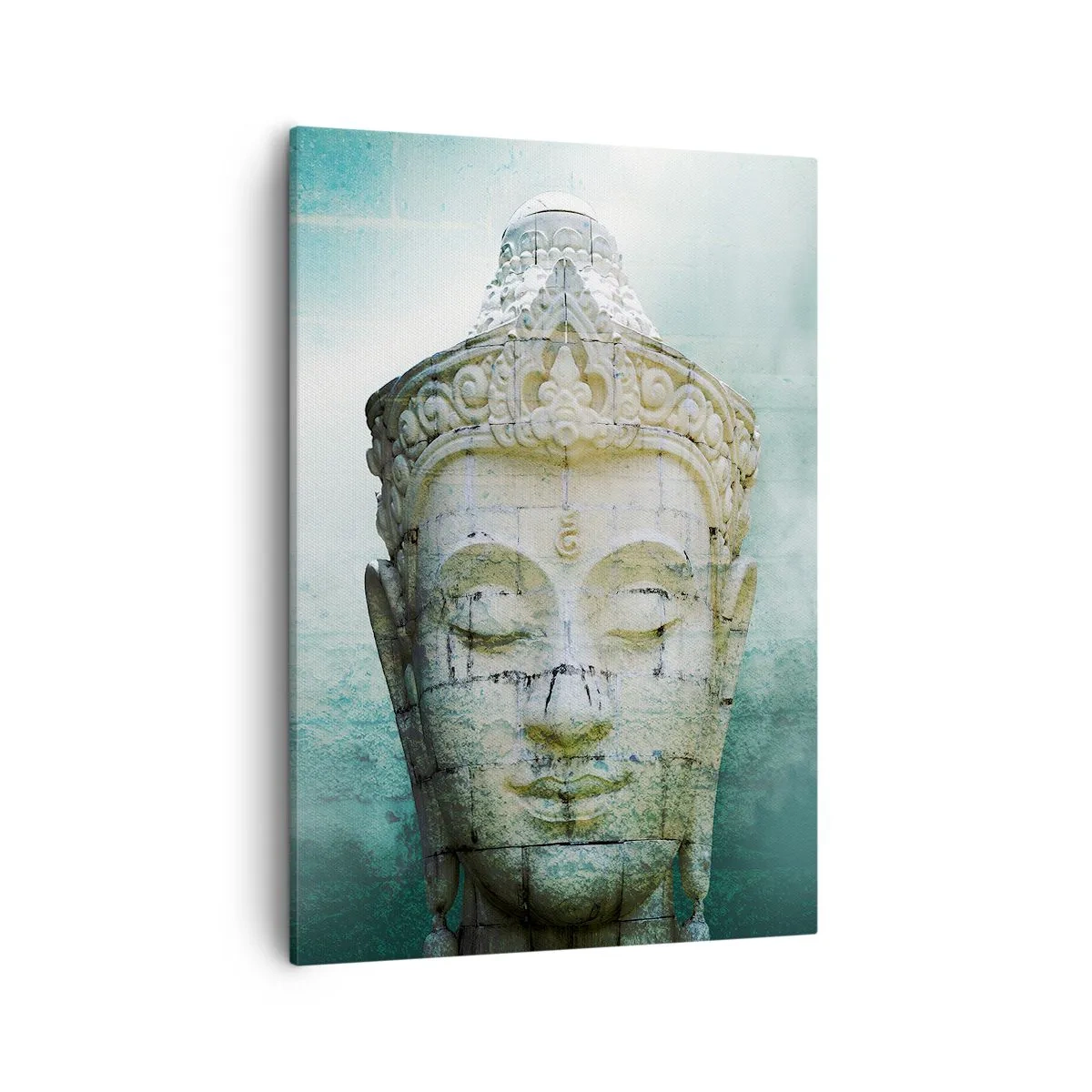 Quadro su tela - Stampe su Tela - Statua del Buddha con una leggera nebbia su uno sfondo verde - 50x70cm - Cercando la luce - Decorazione murale moderna per soggiorno e camera da letto ARTTOR