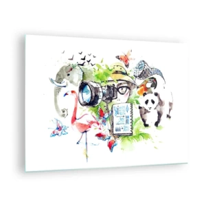 Quadro su vetro - Illustrazione di un fotografo con una macchina fotografica e animali - 70x50cm - Nell'obiettivo del viaggiatore - Decorazione murale moderna per soggiorno e camera da letto ARTTOR
