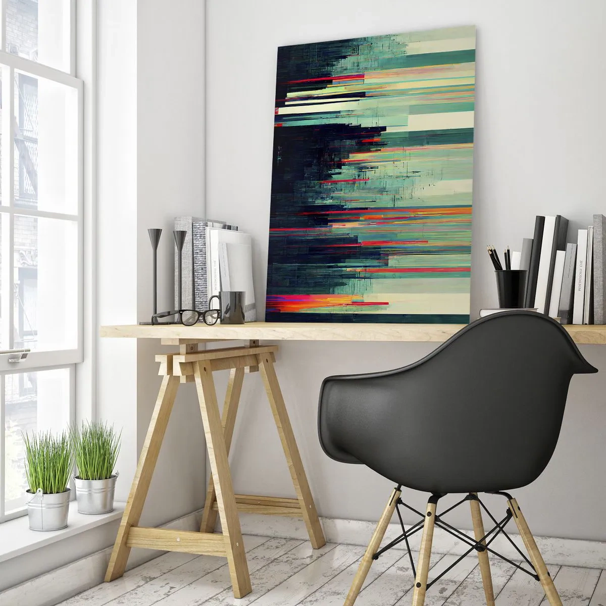 Quadro su vetro - Linee verticali colorate formano il contorno di una metropoli futuristica. - 50x70cm - Città futuristica - Decorazione murale moderna per soggiorno e camera da letto ARTTOR