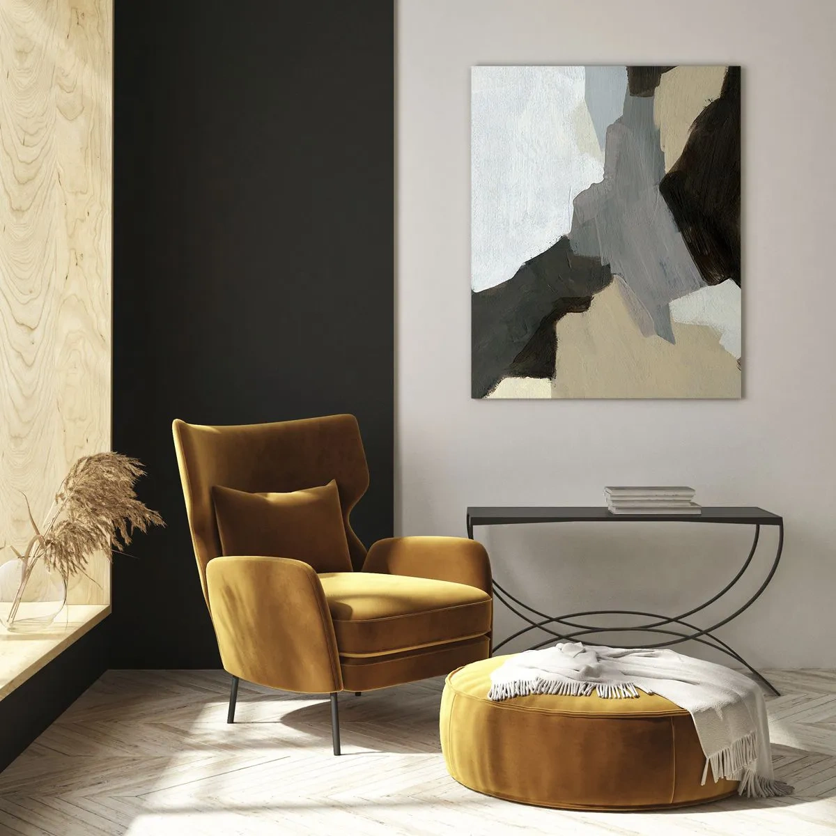 Quadro su vetro - Forme astratte nei toni del beige, del marrone e del grigio - 70x100cm - Astrazione: il crocevia del grigio - Decorazione murale moderna per soggiorno e camera da letto ARTTOR