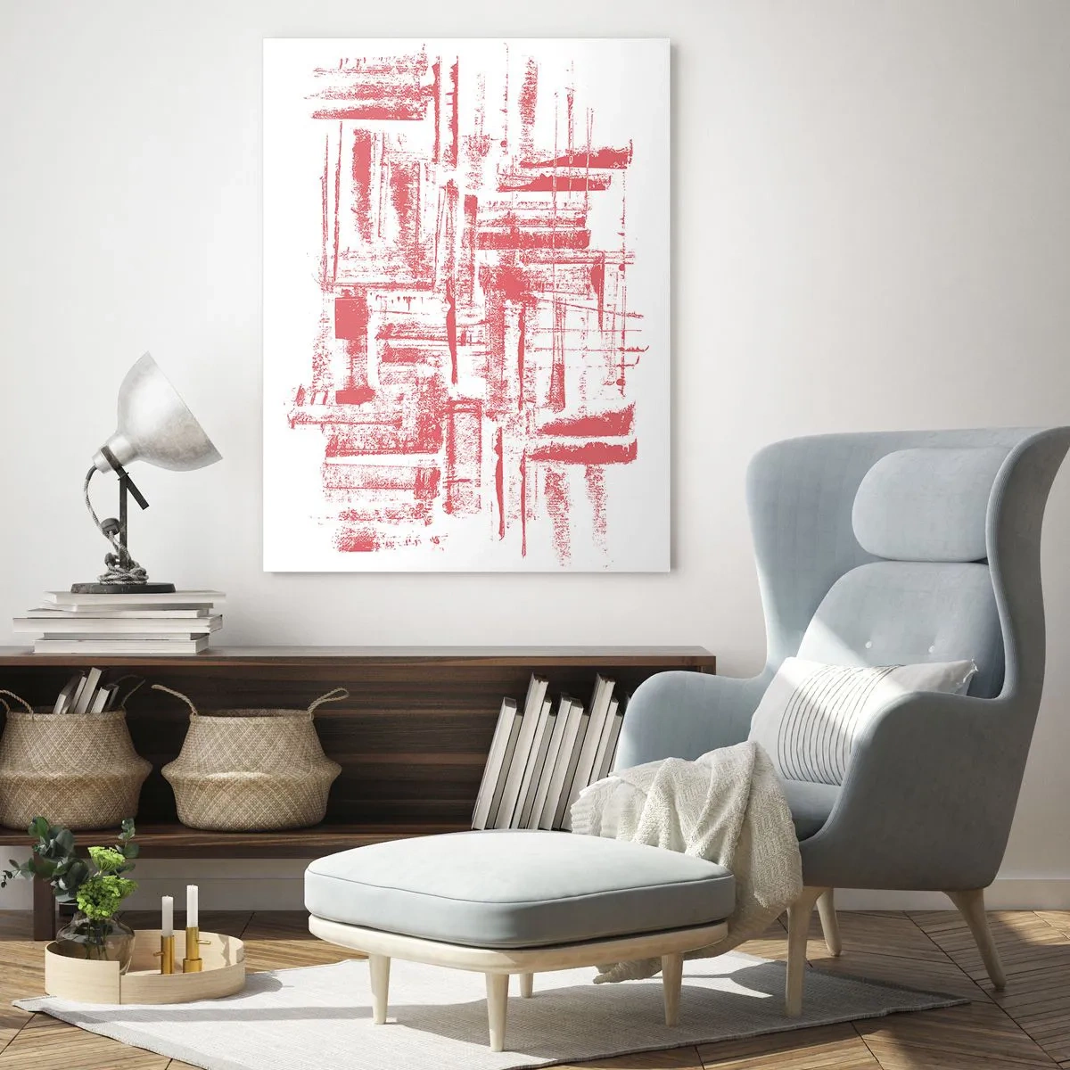 Quadro su vetro - Una composizione astratta in rosso che ricorda il contorno dell'architettura urbana. - 50x70cm - Città rossa - Decorazione murale moderna per soggiorno e camera da letto ARTTOR