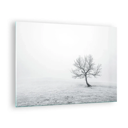 Quadro su vetro - Un albero solitario contro la nebbia in una composizione monocromatica - 70x50cm - Contro il nulla - Decorazione murale moderna per soggiorno e camera da letto ARTTOR