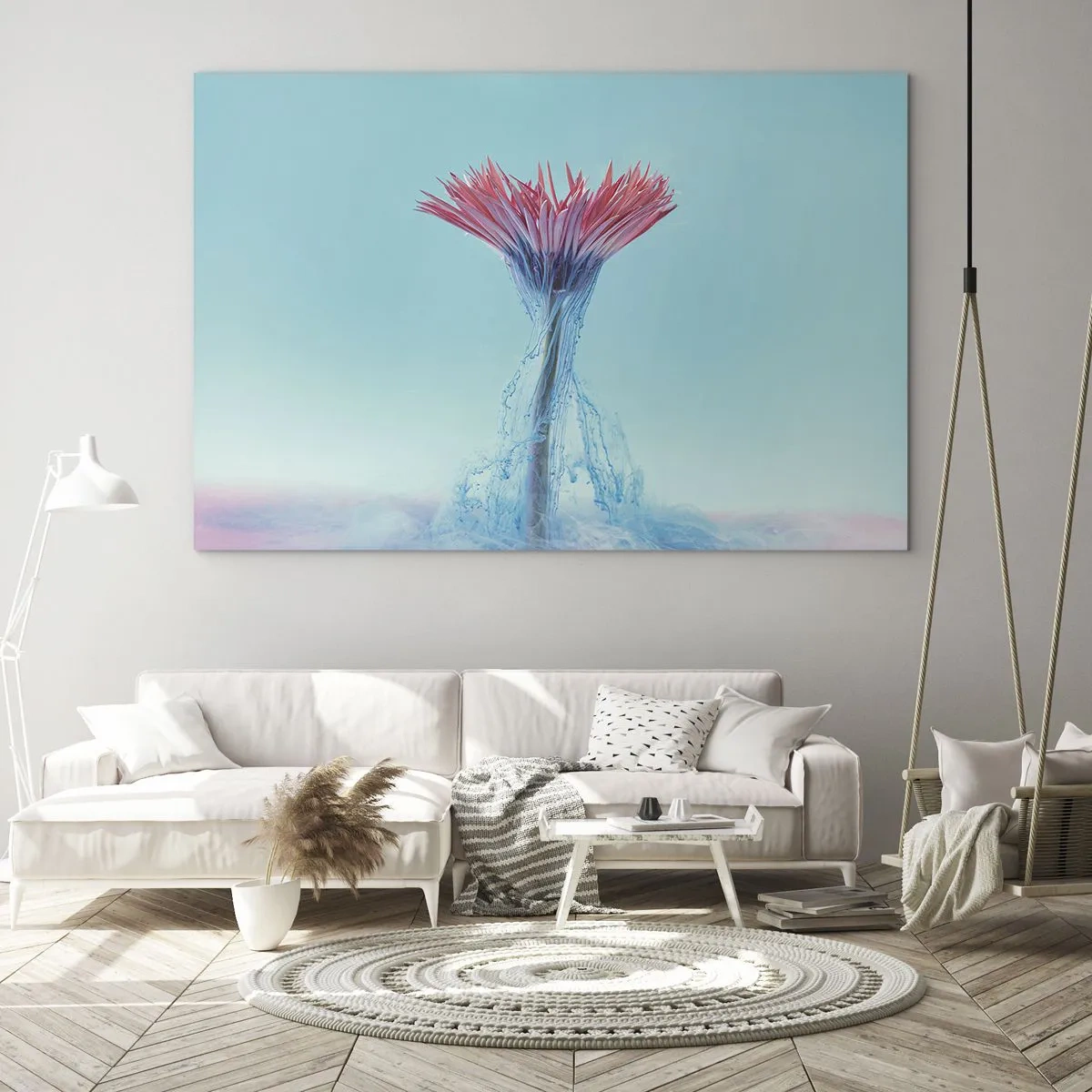 Quadro su vetro - Un fiore fantasioso immerso in una foschia blu e rosa - 70x50cm - L'abbraccio che ravviva - Decorazione murale moderna per soggiorno e camera da letto ARTTOR