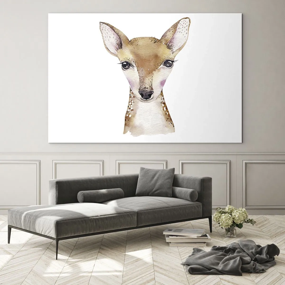 Quadro su vetro - Un grazioso ritratto ad acquerello di un giovane cerbiatto - 100x70cm - La natura dell'innocenza - Decorazione murale moderna per soggiorno e camera da letto ARTTOR