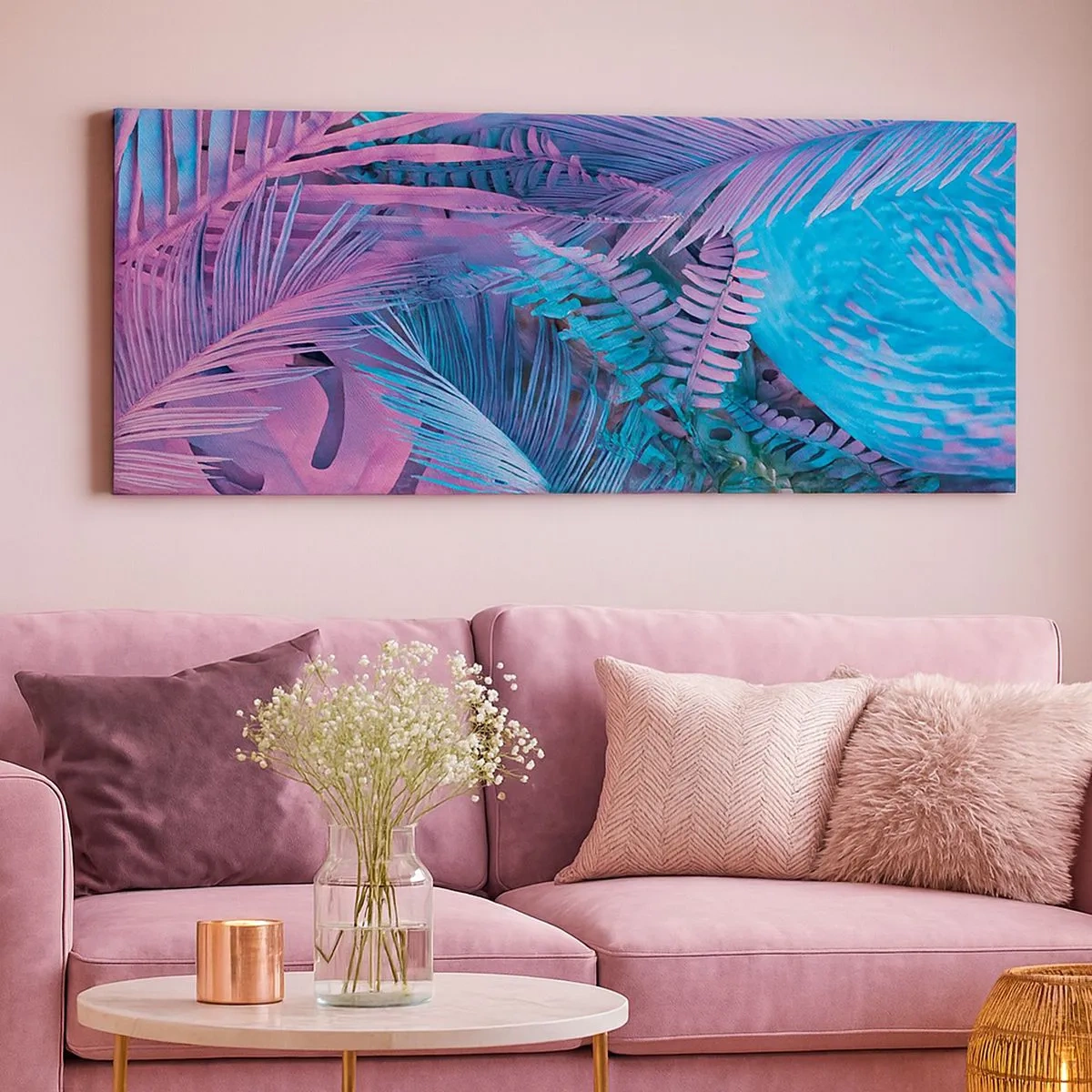 Quadro su tela - Stampe su Tela - Tropici in rosa e blu - 100x40 cm
