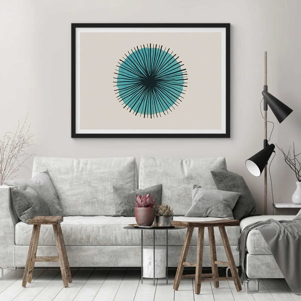 Poster in cornice nera - Forma circolare astratta con raggi blu - 100x70cm - Radiosamente nel blu - Decorazione murale moderna per soggiorno e camera da letto ARTTOR