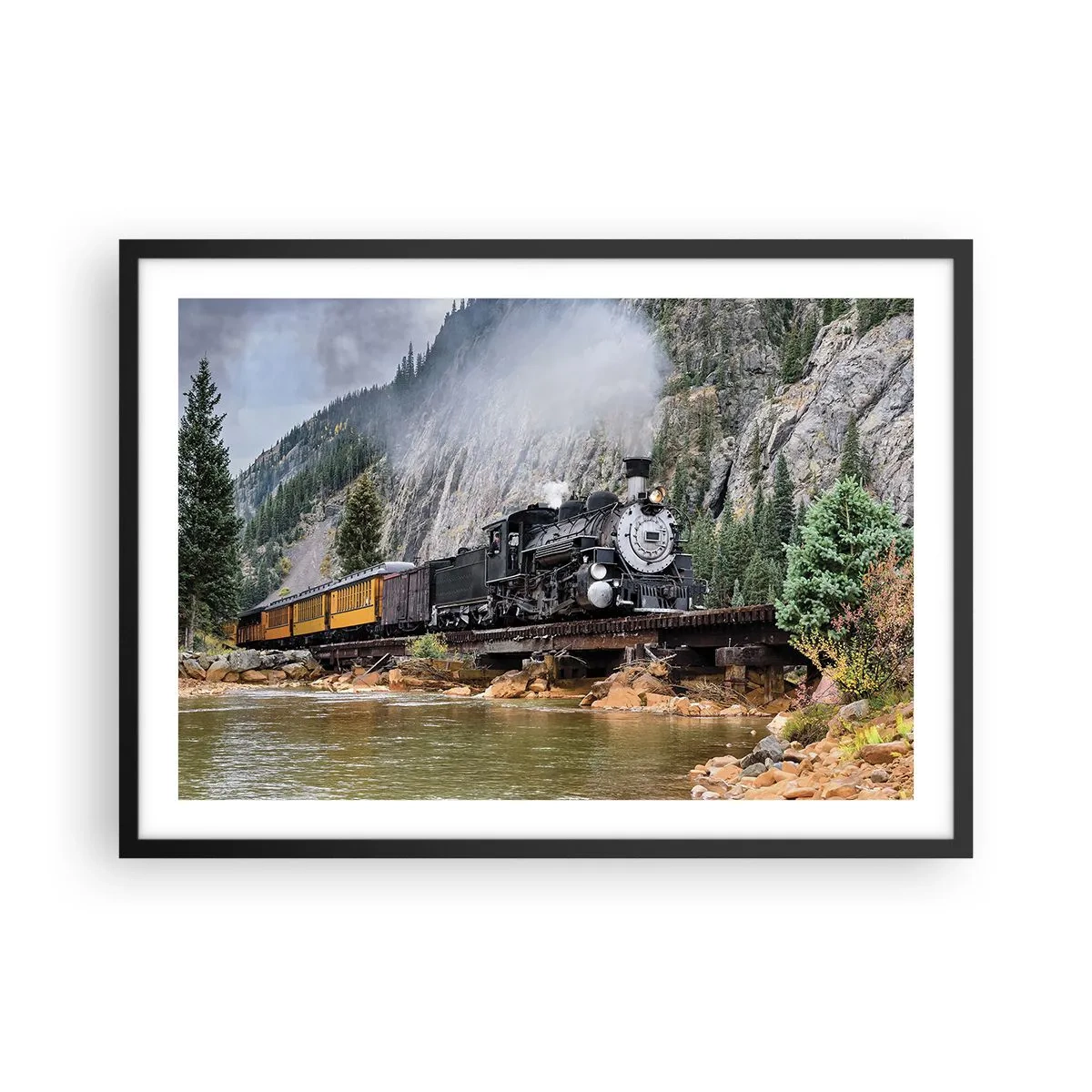 Poster in cornice nera - Una locomotiva a vapore su un ponte in un pittoresco paesaggio montano - 70x50cm - Dove andiamo? - Decorazione murale moderna per soggiorno e camera da letto ARTTOR