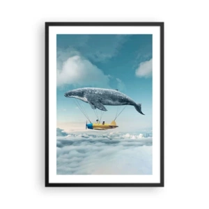 Poster in cornice nera - Una fantastica immagine di una balena che solleva un aereo sopra le nuvole. - 50x70cm - Perché no? - Decorazione murale moderna per soggiorno e camera da letto ARTTOR