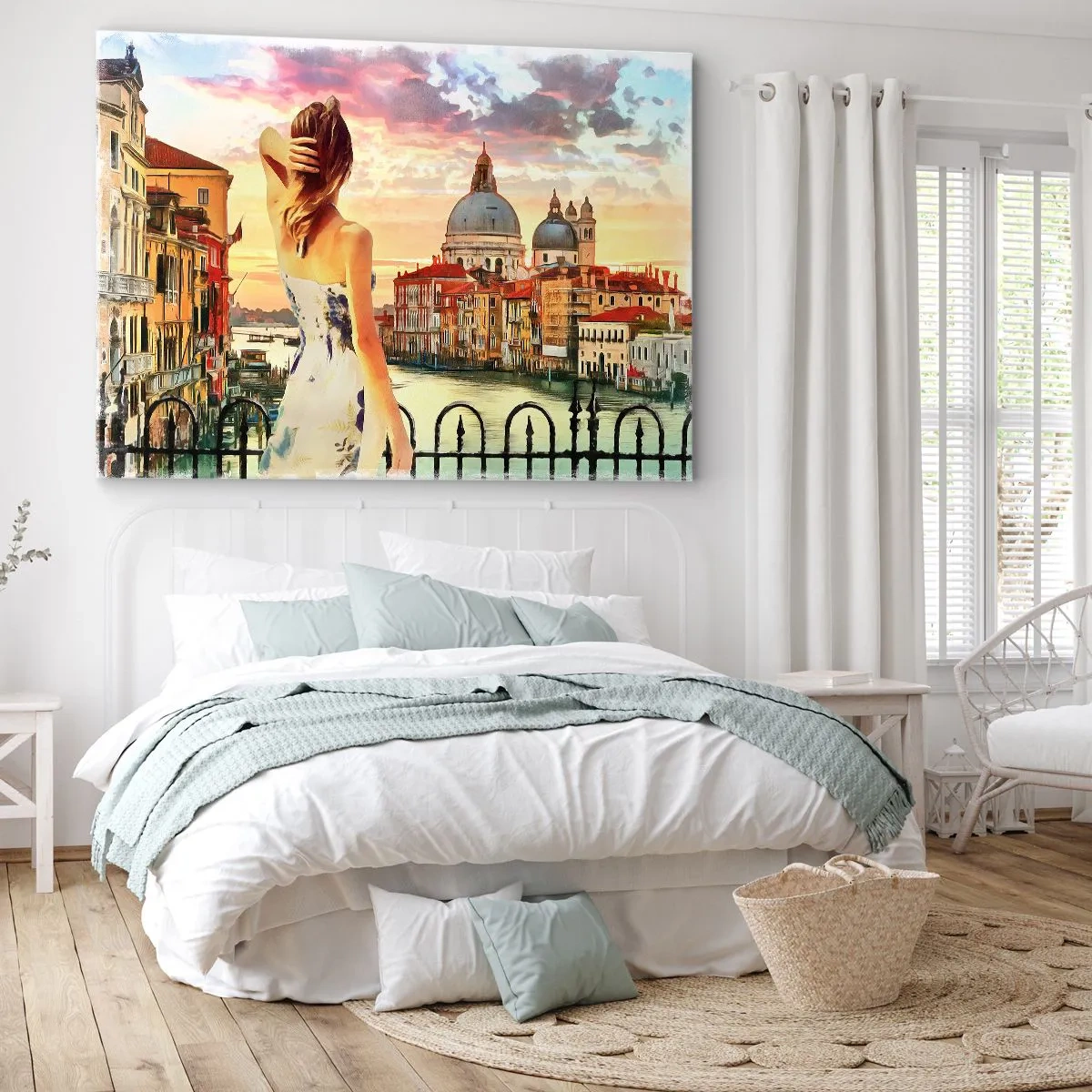 Quadro su tela - Stampe su Tela - Una donna ammira il pittoresco paesaggio lungo il canale - 70x50cm - Se un'avventura allora solo a... - Decorazione murale moderna per soggiorno e camera da letto ARTTOR