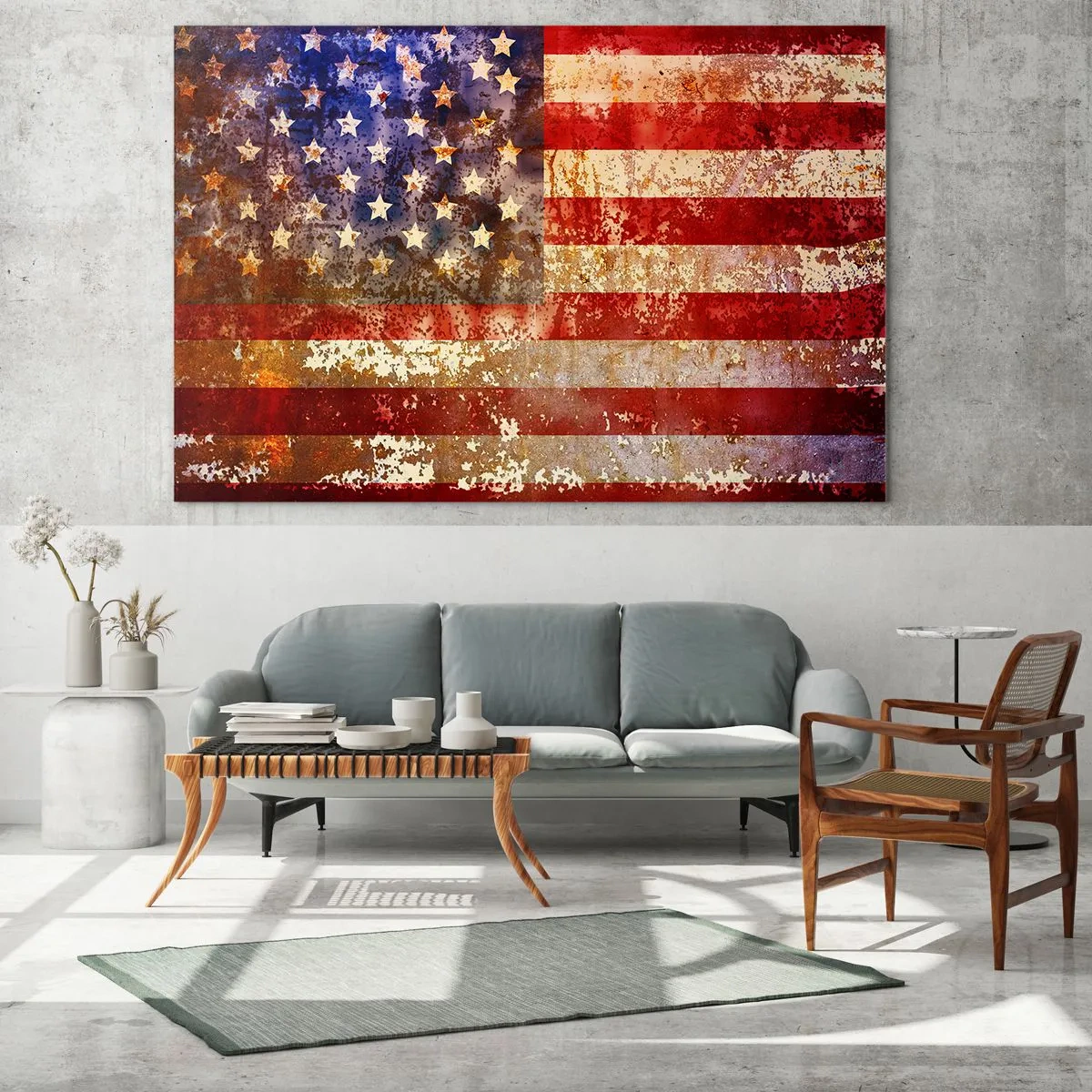 Quadro su vetro - Bandiera americana arrugginita - 100x70cm - L'attimo non passa - Decorazione murale moderna per soggiorno e camera da letto ARTTOR